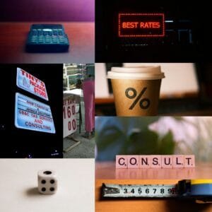 Collage of financial symbols illustrating how to set your consulting rate